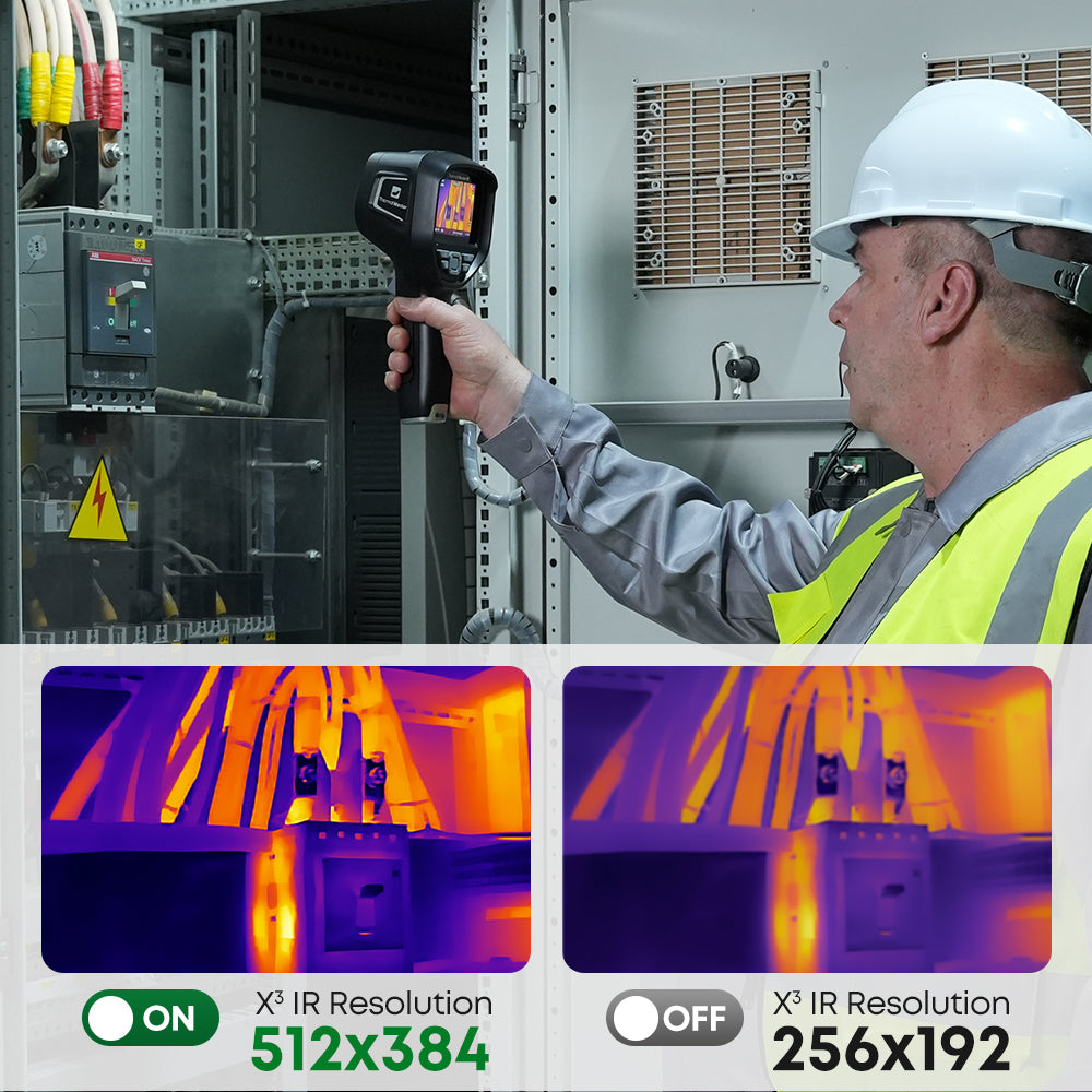 Thermal Master Thor 002 inspecting an electrical panel with enhanced thermal resolution