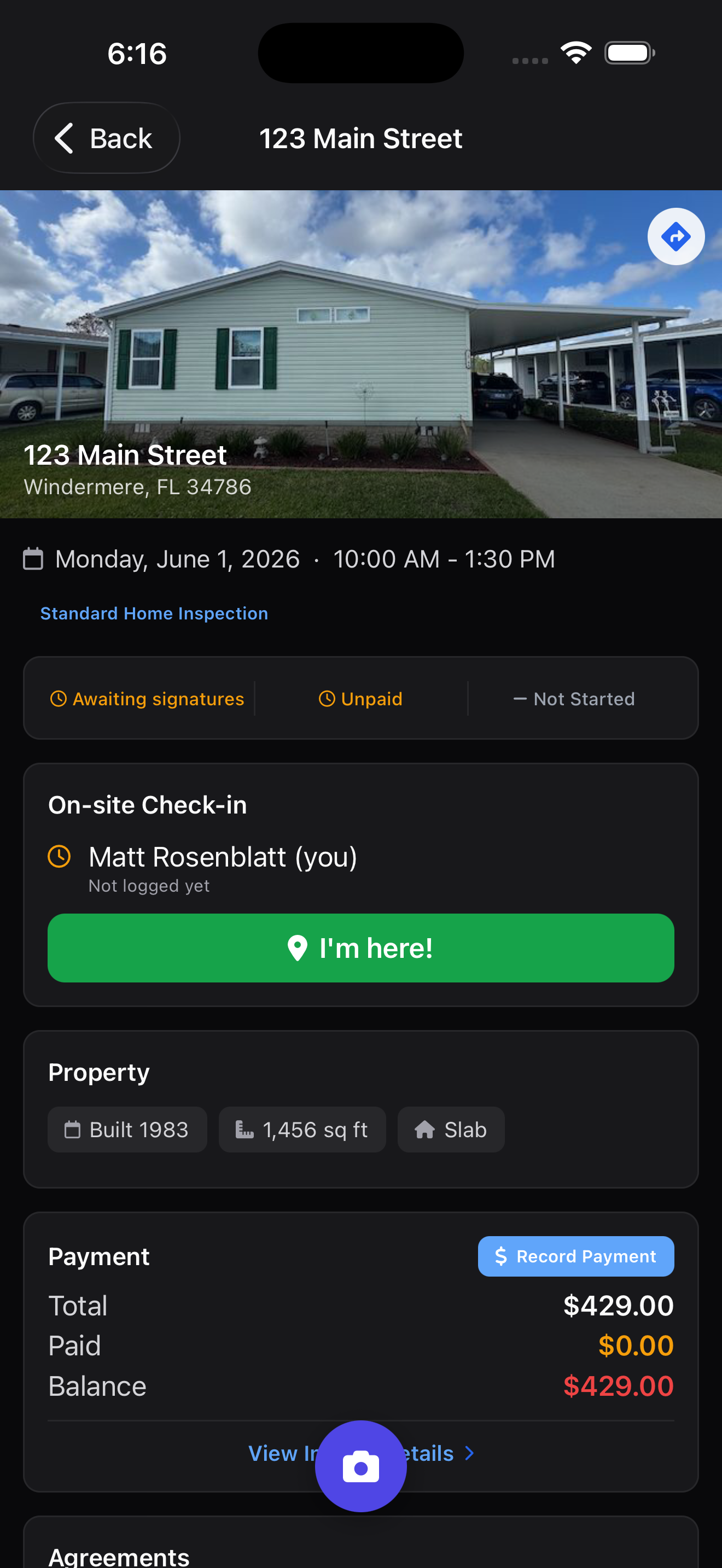 Inspector Studio mobile app — inspection day view showing property details, on-site check-in, and payment status