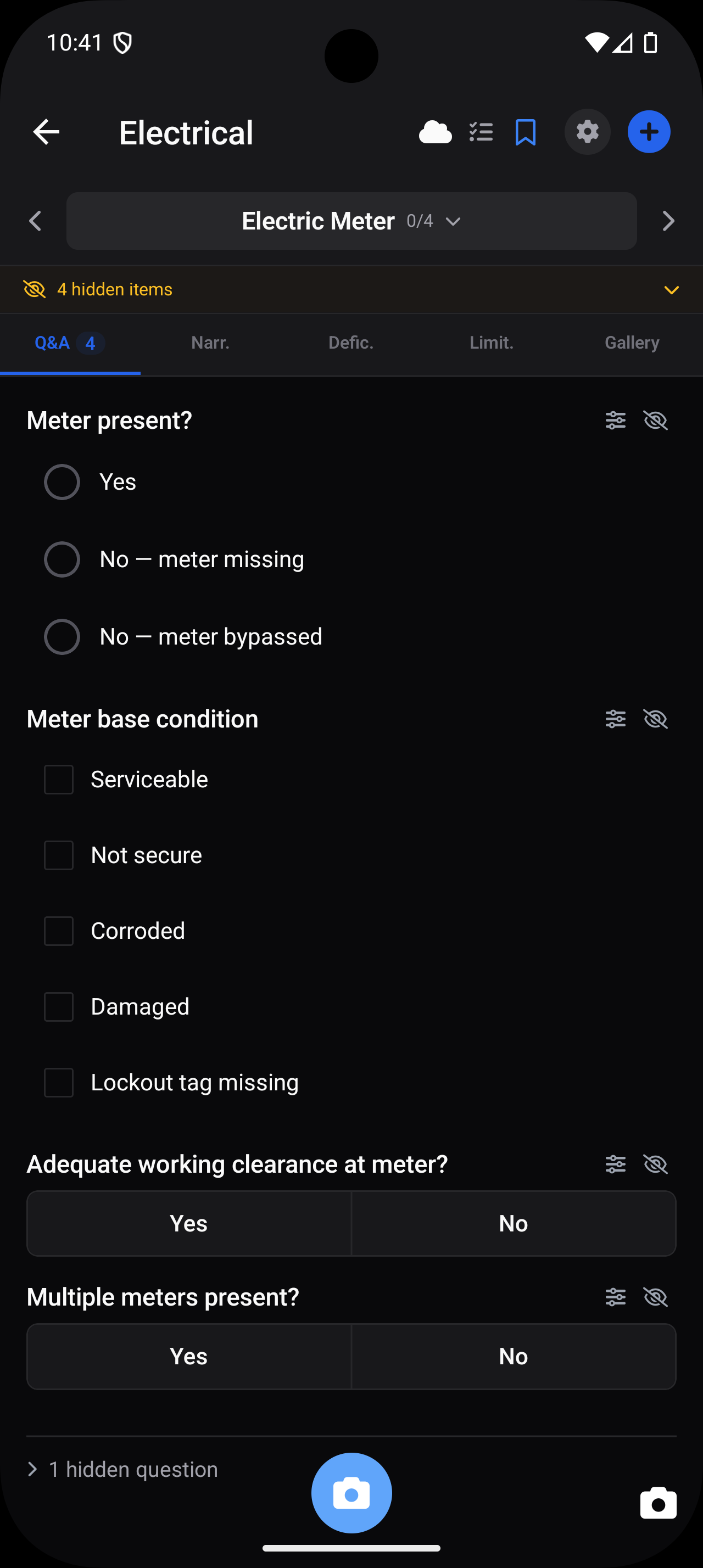 Inspector Studio mobile app — Electric Meter Q&A section with radio, checkbox, and toggle responses driving the inspection